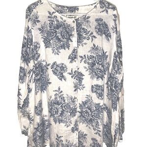 RACHEL ZOE 100% LINEN White Blue Floral Print Top